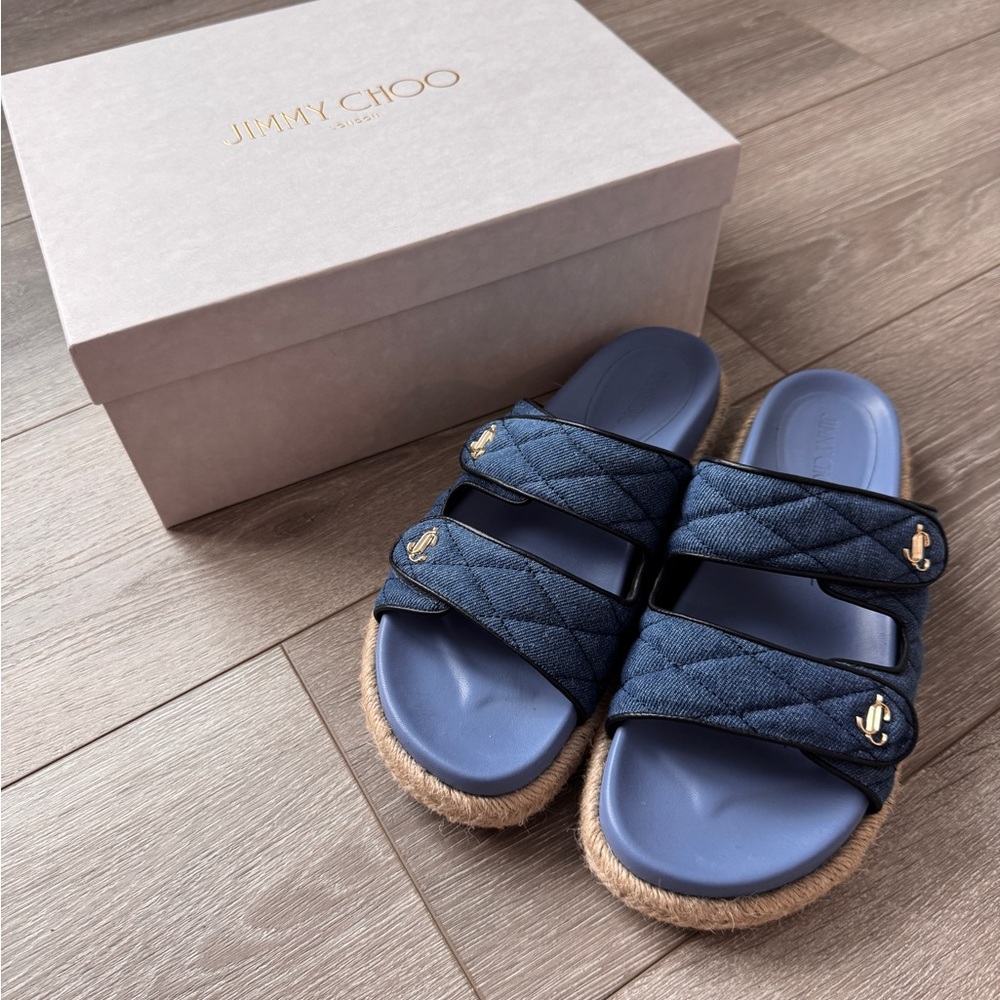 Jimmy Choo Navy Quilted Slide Sandals with Gold Accents